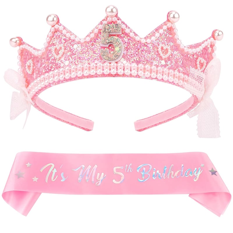 5th Birthday Pearl Crown & Sash Set for Girls' Party