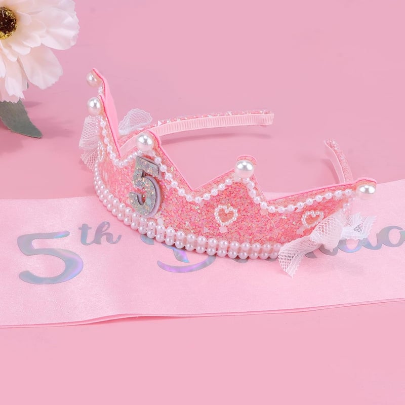 5th Birthday Pearl Crown & Sash Set for Girls' Party