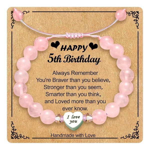 5th Birthday Rose Quartz Heart Bracelet for Girls