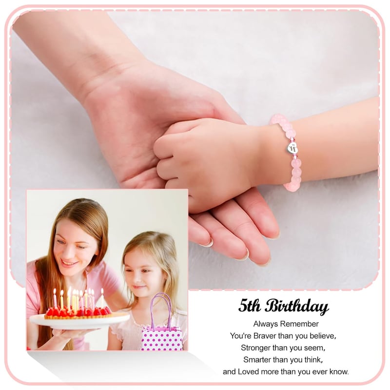 5th Birthday Rose Quartz Heart Bracelet for Girls
