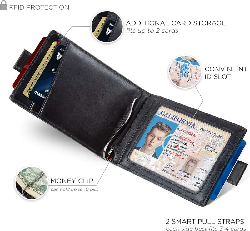 Leather RFID Slim Money Clip Wallet for Men - Minimalist Travel Wallet