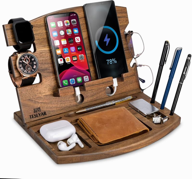 Natural Walnut Wood Phone Docking Station for Men - Organizer Gift