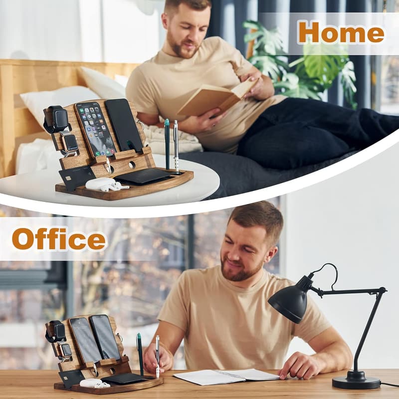 Natural Walnut Wood Phone Docking Station for Men - Organizer Gift
