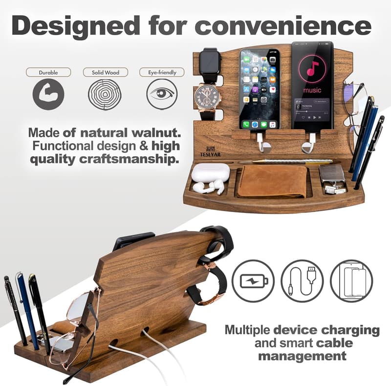 Natural Walnut Wood Phone Docking Station for Men - Organizer Gift