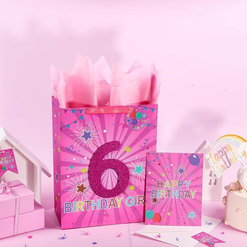 6th Birthday Gift Bag for Girls with Tissue and Tag, 10
