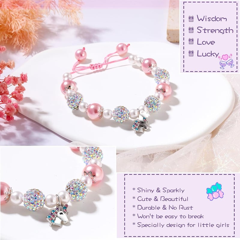 Adjustable Unicorn Charm Bracelet with Pink Pearls for Girls