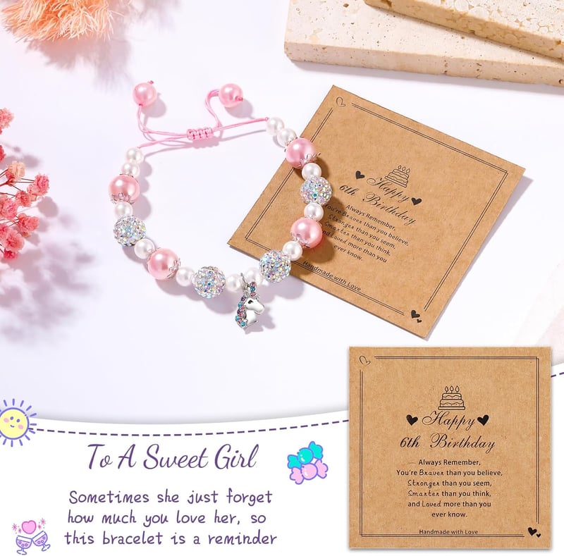 Adjustable Unicorn Charm Bracelet with Pink Pearls for Girls