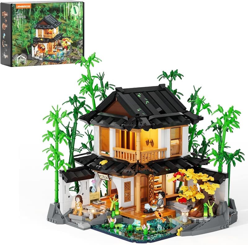 Retro Chinese Bamboo Cabin Building Bricks Set with LED Lights