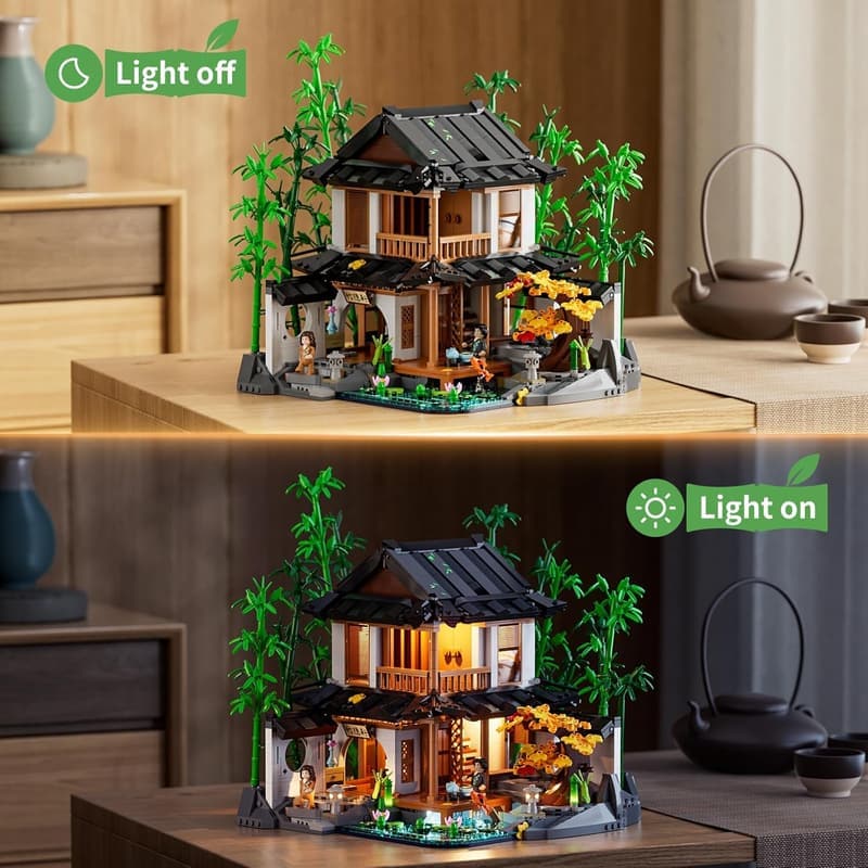 Retro Chinese Bamboo Cabin Building Bricks Set with LED Lights