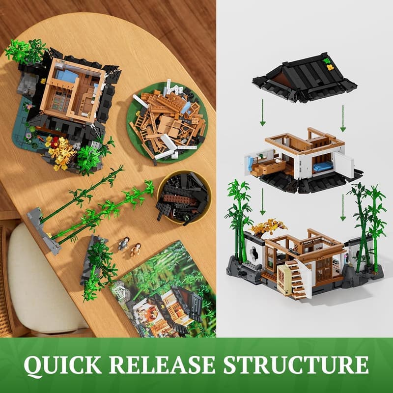 Retro Chinese Bamboo Cabin Building Bricks Set with LED Lights