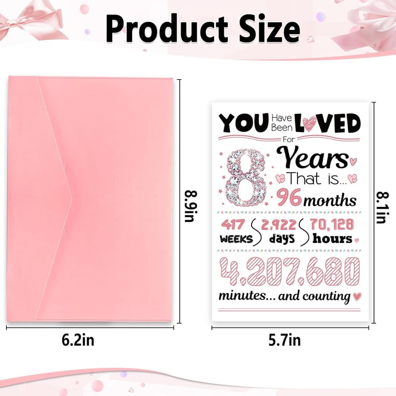 Happy 8th Birthday Card for Girls - Gift for Daughter or Niece