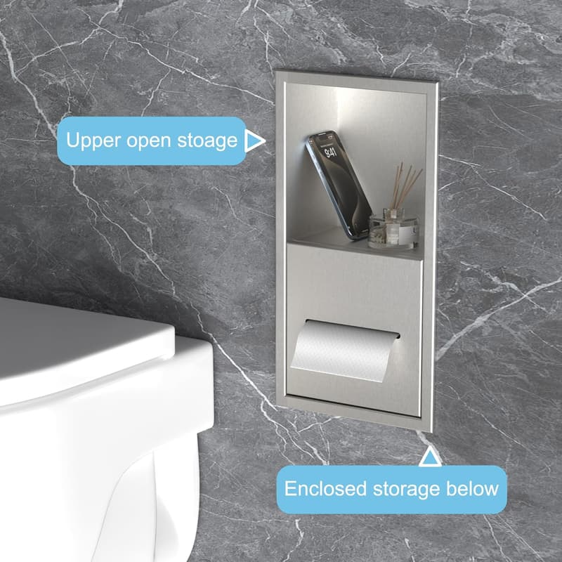 Wall-Mounted Stainless Steel Toilet Paper Dispenser with Shelf