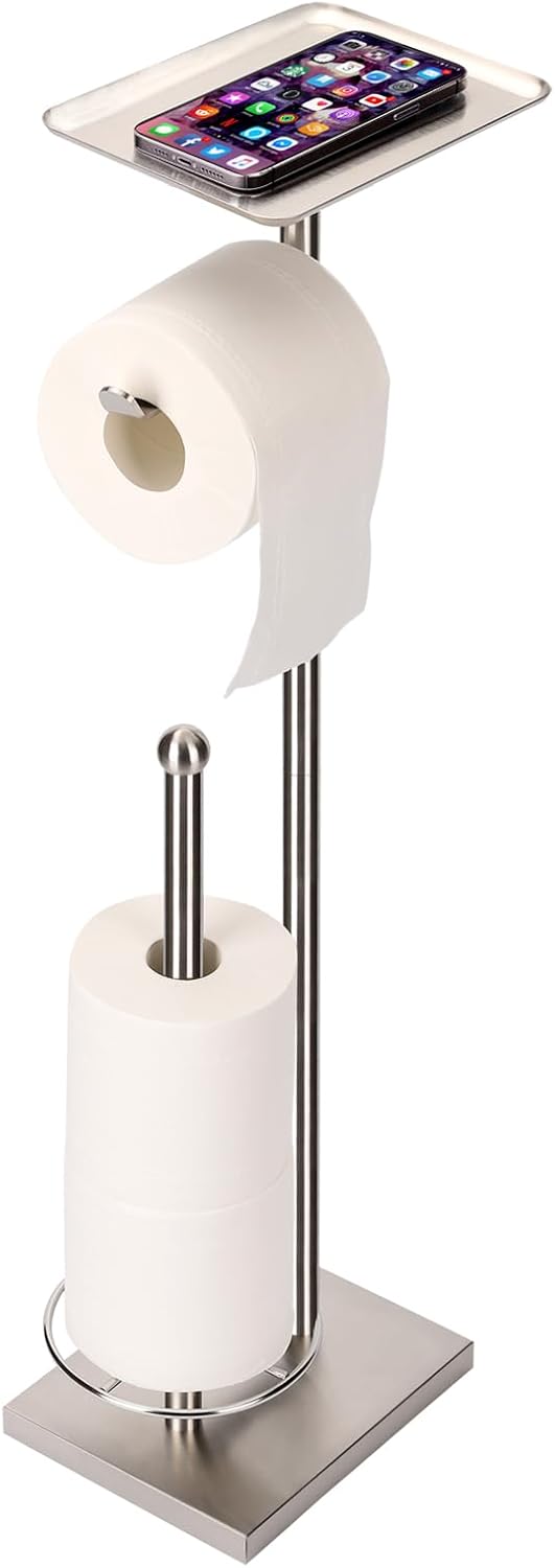 Freestanding Brushed Nickel Toilet Paper Holder with Tray