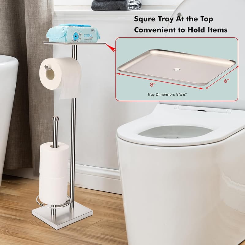 Freestanding Brushed Nickel Toilet Paper Holder with Tray