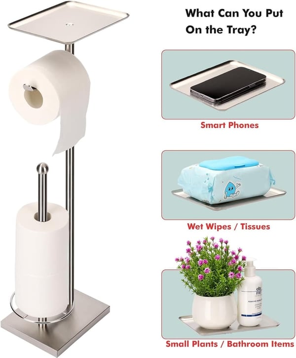 Freestanding Brushed Nickel Toilet Paper Holder with Tray