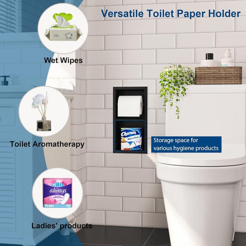 Matte Black Recessed Toilet Paper Holder - 304 Stainless Steel