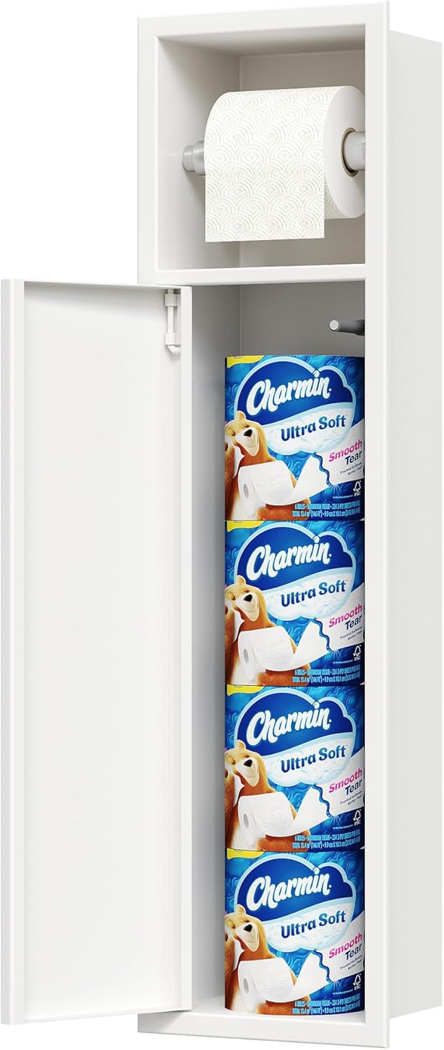 Matte White Recessed Toilet Paper Holder with Storage Cabinet