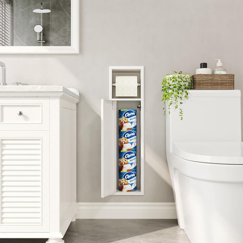 Matte White Recessed Toilet Paper Holder with Storage Cabinet