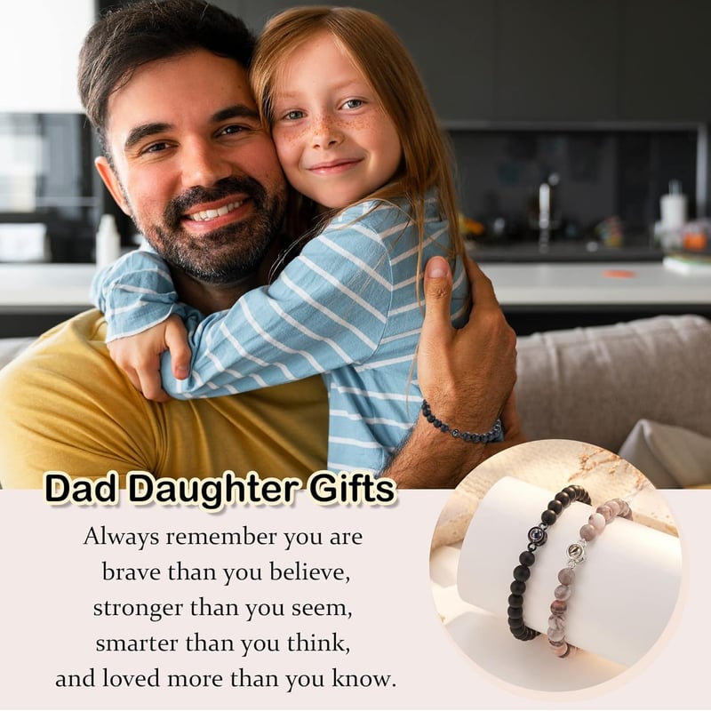 Love You Projection Bracelet Set for Dad & Daughter - Natural Stone, Adjustable
