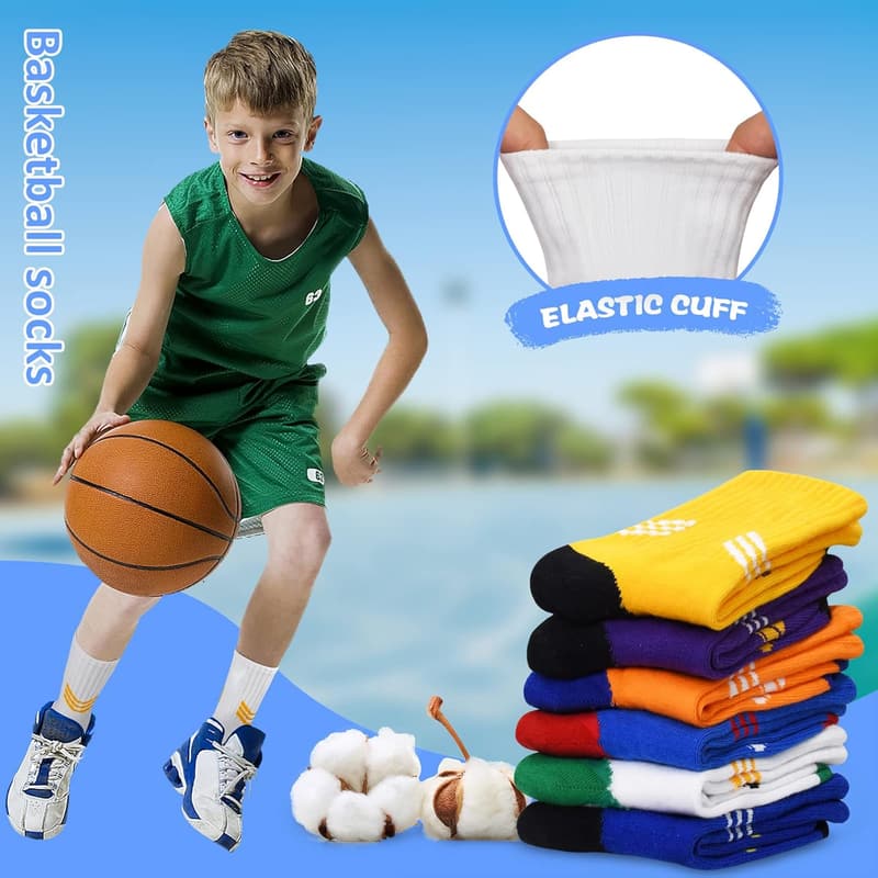 Kids Athletic Sports Socks - 6 Pairs for Ages 5-14