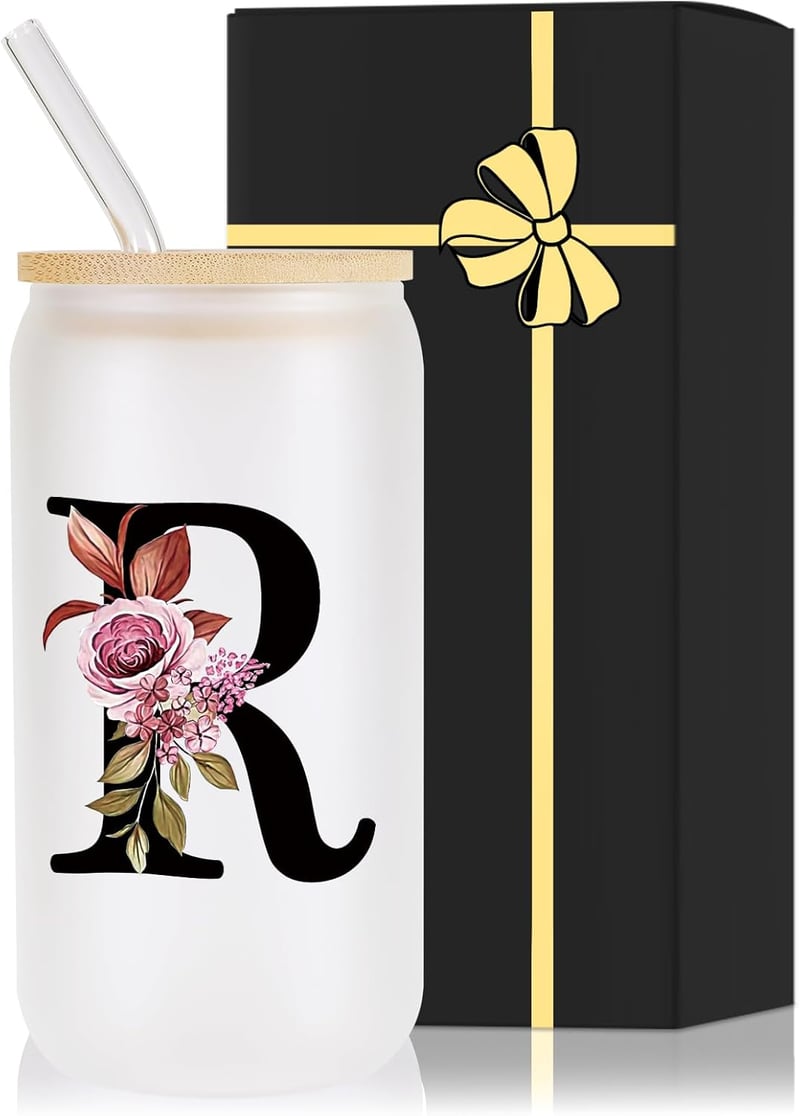 Personalized Monogrammed Glass Cup with Lid & Straw - Birthday Gift for Women