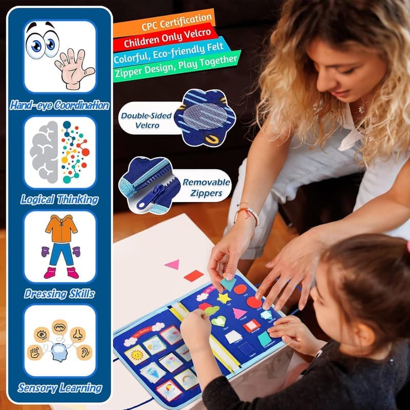 Montessori Busy Board for Toddlers - Educational Sensory Toy (Blue)