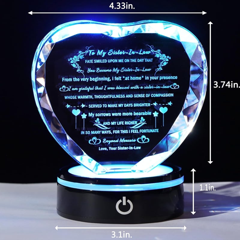 Sister-in-Law Birthday Gift - Heart Crystal Keepsake with LED Base