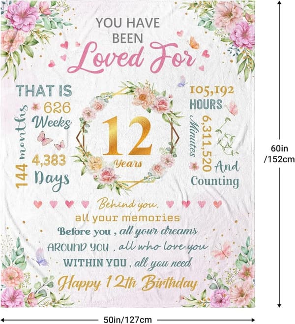 12th Birthday Throw Blanket Gift for Girls, 60