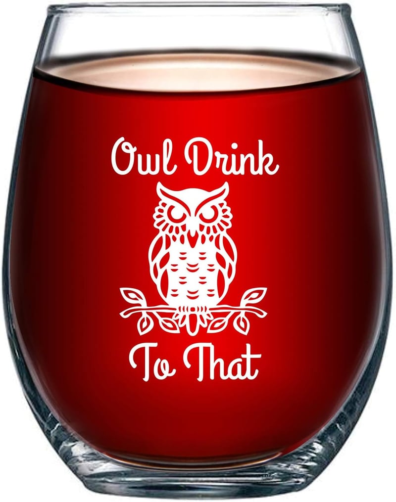 Funny Owl Stemless Wine Glass - 15 oz Birthday Gift