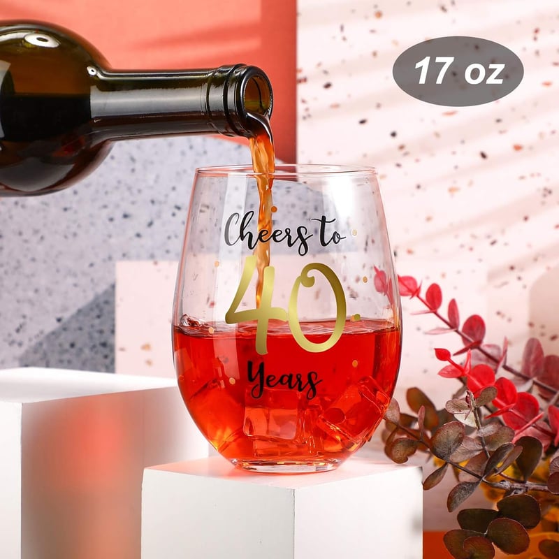 40th Birthday Stemless Wine Glass - 17 oz Gold Cheers