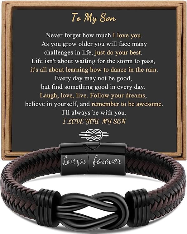 Infinity Bracelet for Men - Engraved Brown Leather & Stainless Steel
