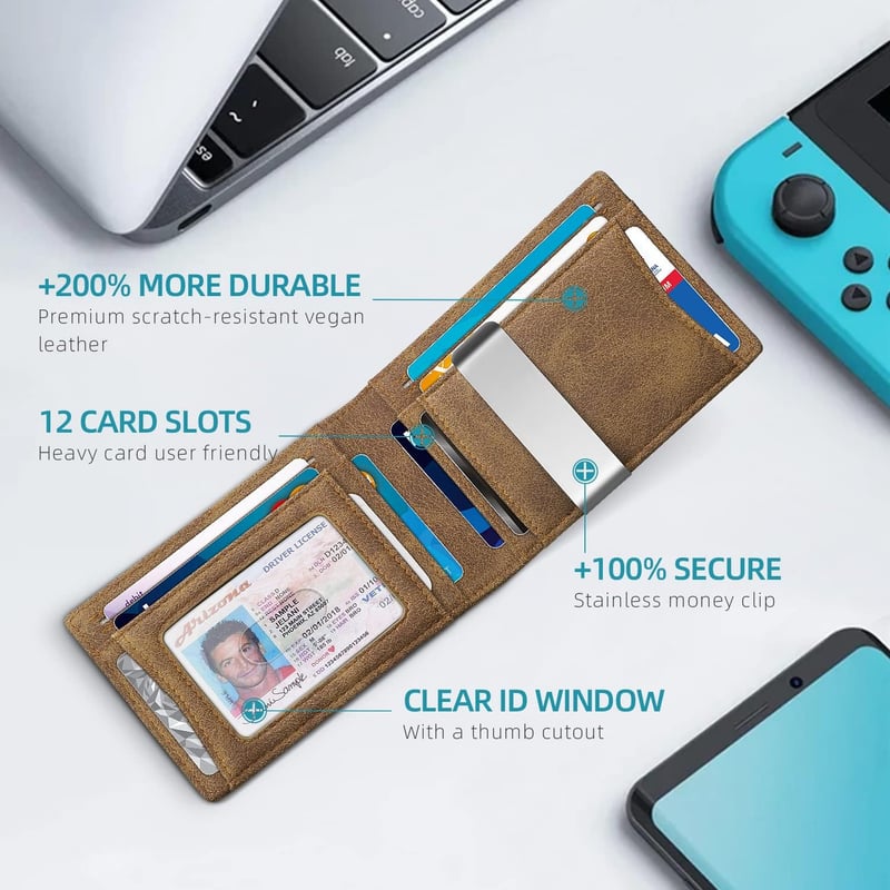 Minimalist RFID Slim Wallet for Men – 12 Card Slots, Leather