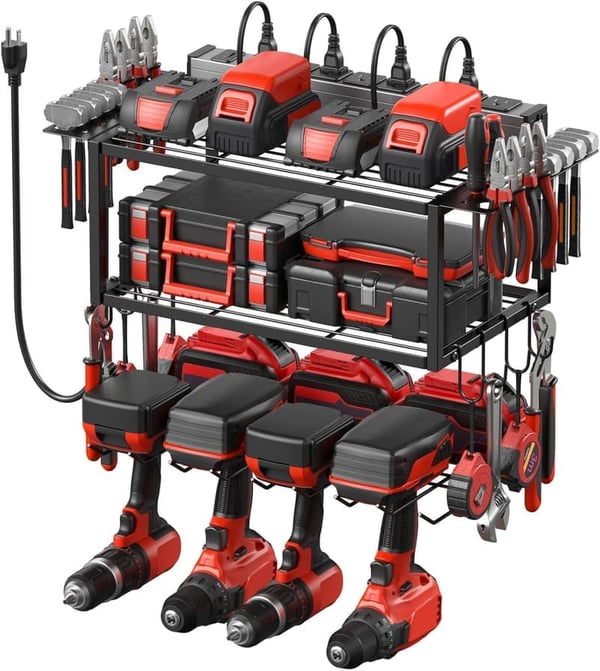 Heavy Duty Metal Tool Organizer with Charging Station - Black