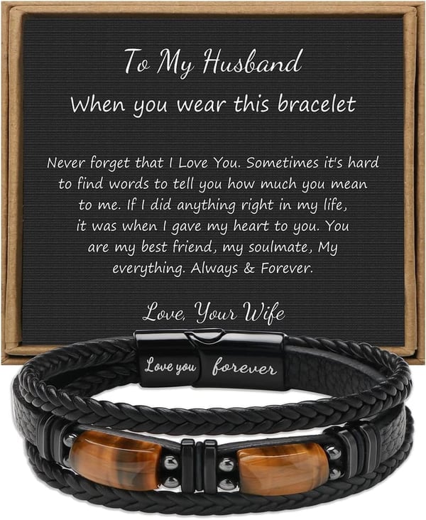 Father's Day Leather Bracelet with Tiger's Eye for Men
