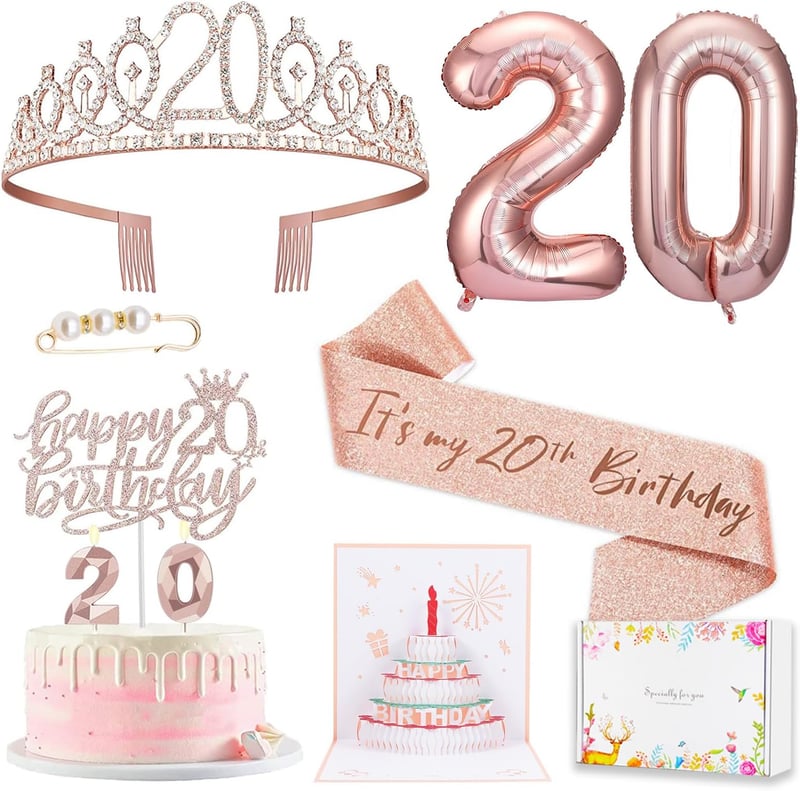 20th Birthday Decorations Set for Women with Sash, Crown & Balloons