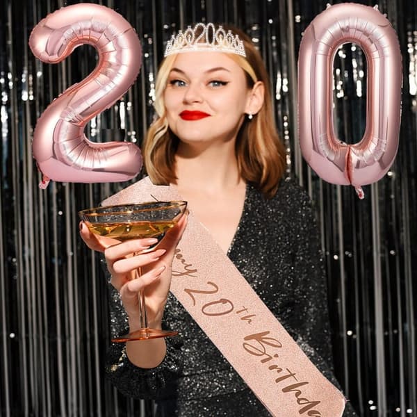 20th Birthday Decorations Set for Women with Sash, Crown & Balloons