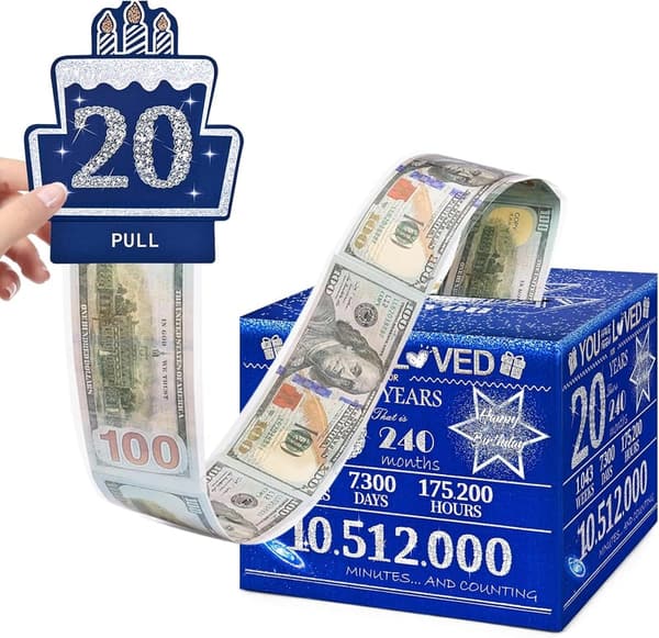 20th Birthday Money Box for Cash Gifts - Blue with 100 Bags