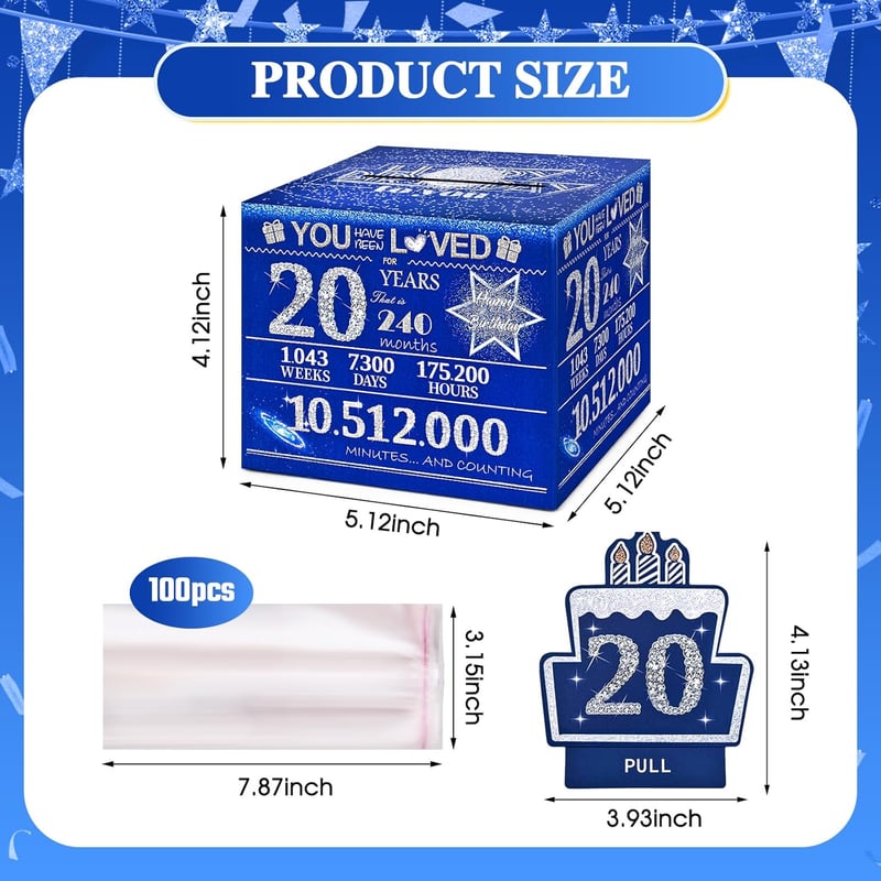20th Birthday Money Box for Cash Gifts - Blue with 100 Bags
