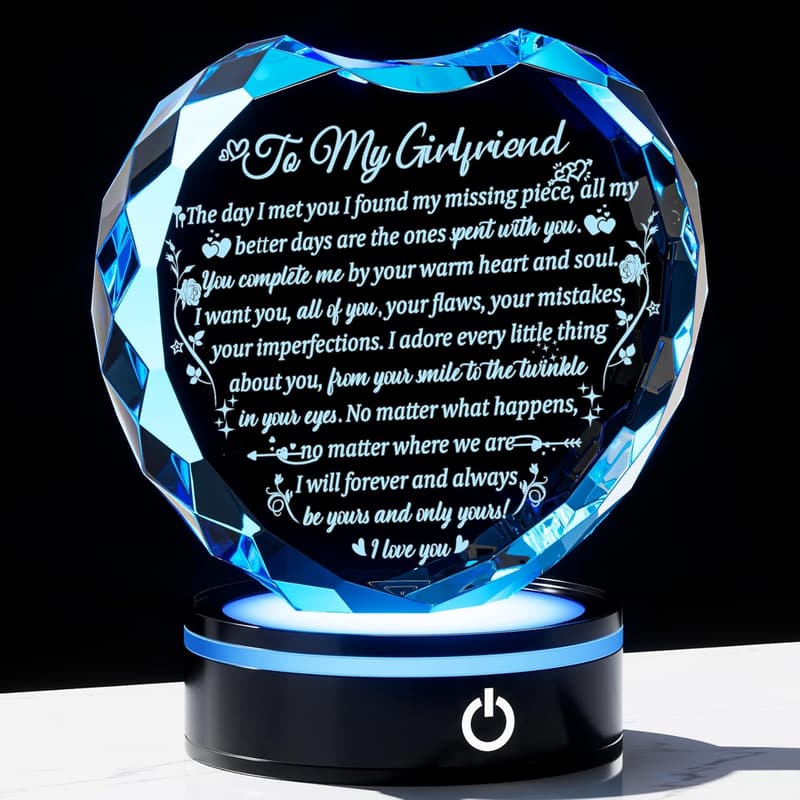 Personalized Crystal Heart Gift with LED Base for Girlfriend