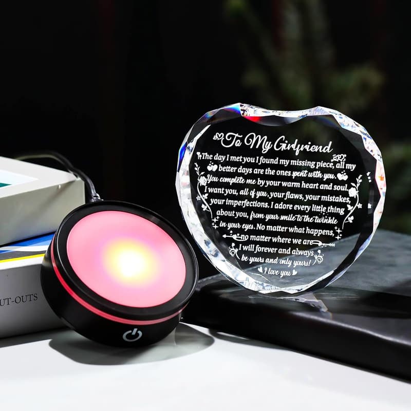 Personalized Crystal Heart Gift with LED Base for Girlfriend