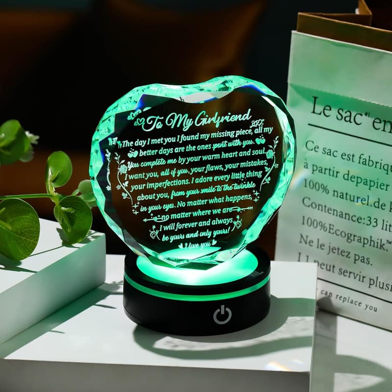 Personalized Crystal Heart Gift with LED Base for Girlfriend