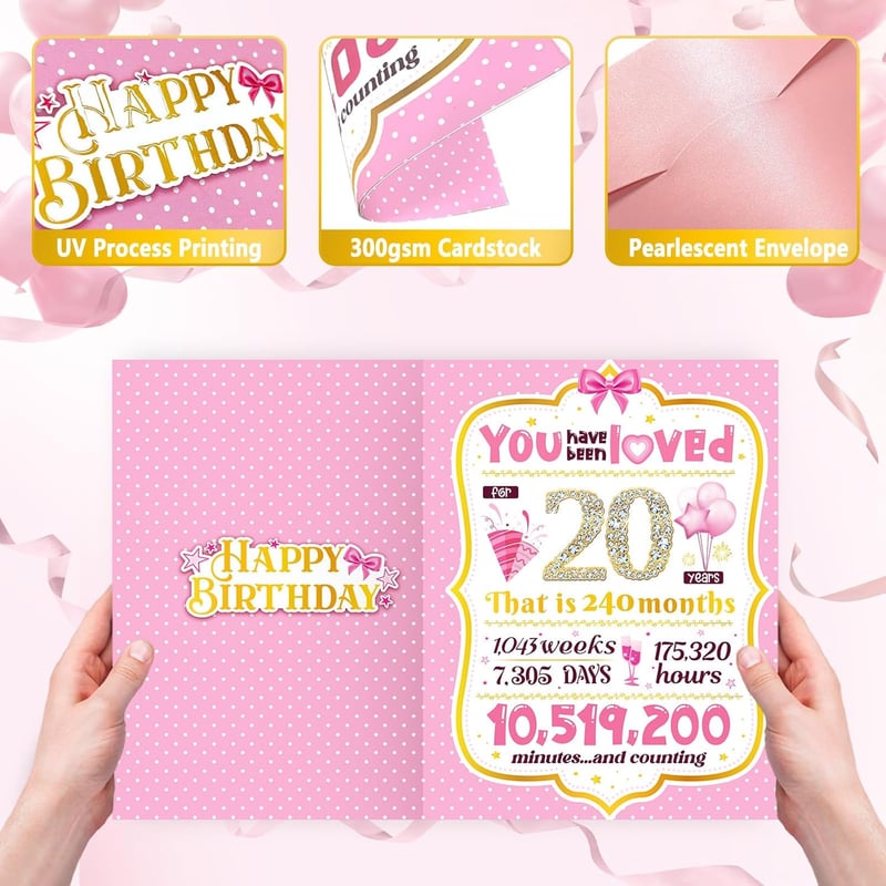 20th Birthday Card for Girls - Sweet Design for Daughter, Niece, Sister