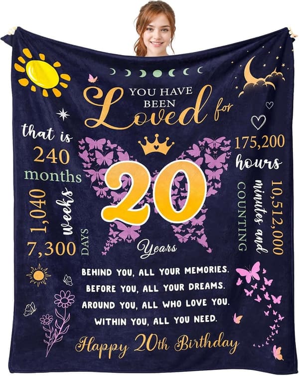 20th Birthday Throw Blanket for Women & Girls, 60