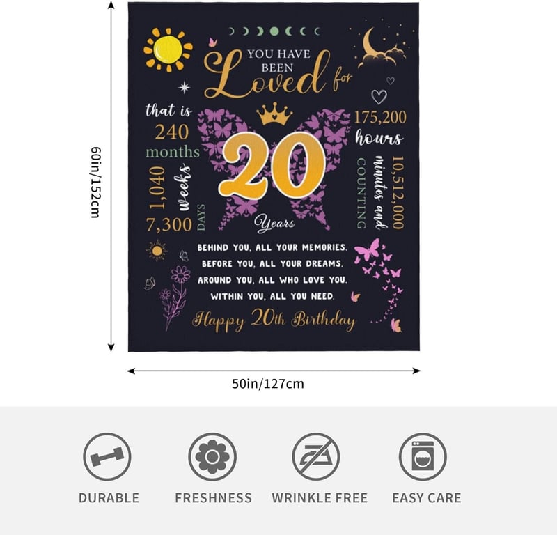 20th Birthday Throw Blanket for Women & Girls, 60