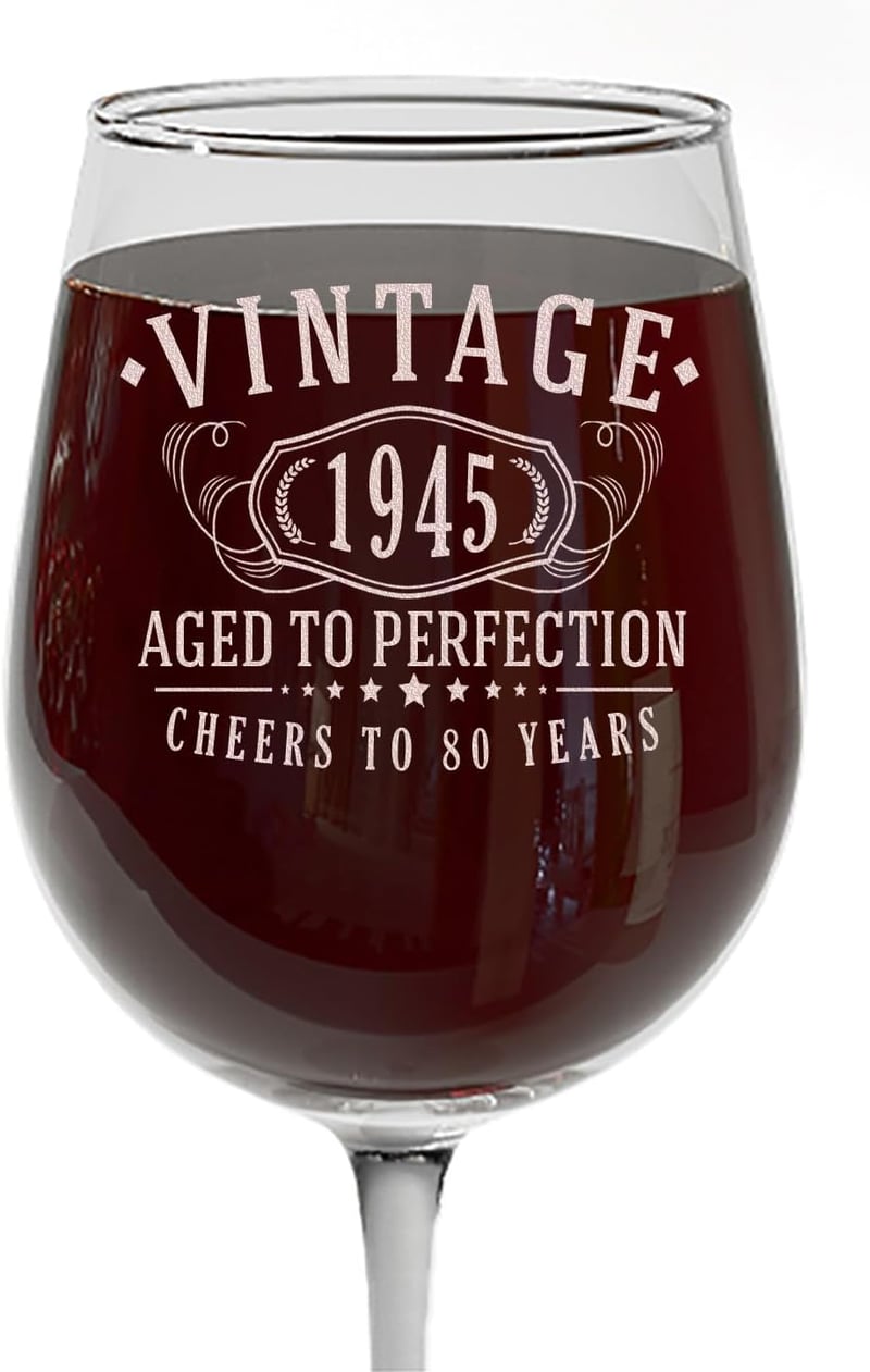 80th Birthday Stemmed Wine Glass – Vintage 1945 Etched Design