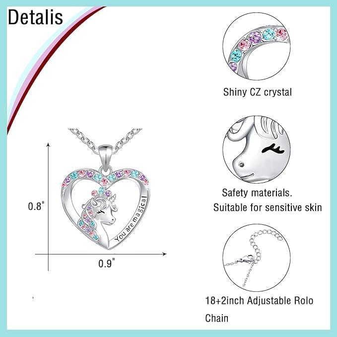 Magical Unicorn Crystal Heart Necklace for Girls' Birthday