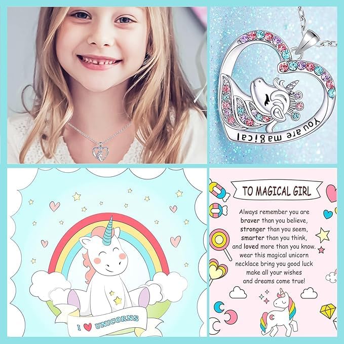 Magical Unicorn Crystal Heart Necklace for Girls' Birthday