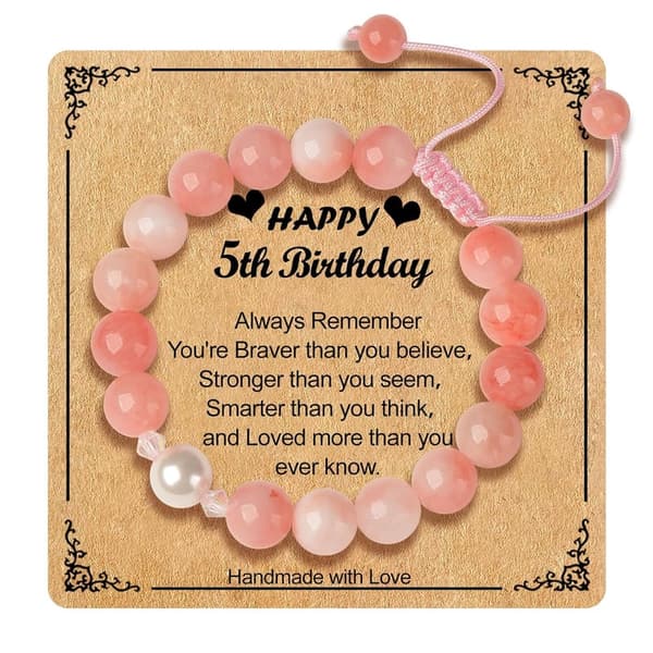5th Birthday Pink Stone Bracelet for Girls with Message Card