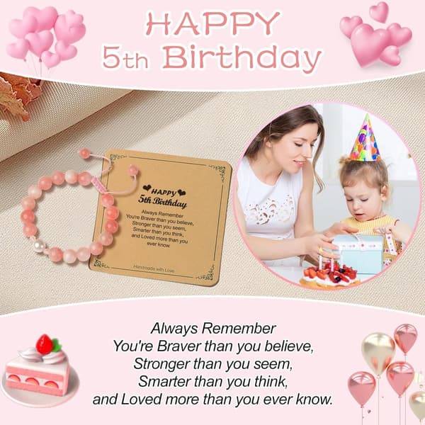 5th Birthday Pink Stone Bracelet for Girls with Message Card