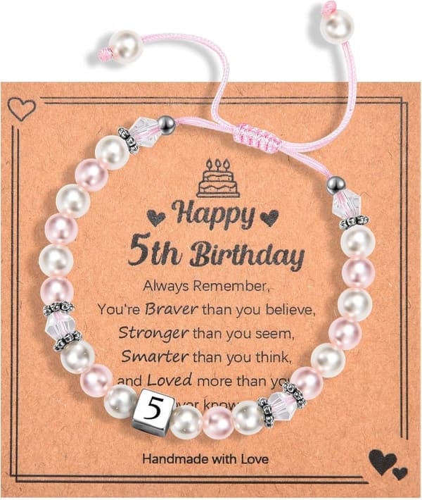 Birthday Bracelet for Girls 1-8 Years - Pink & White Pearls